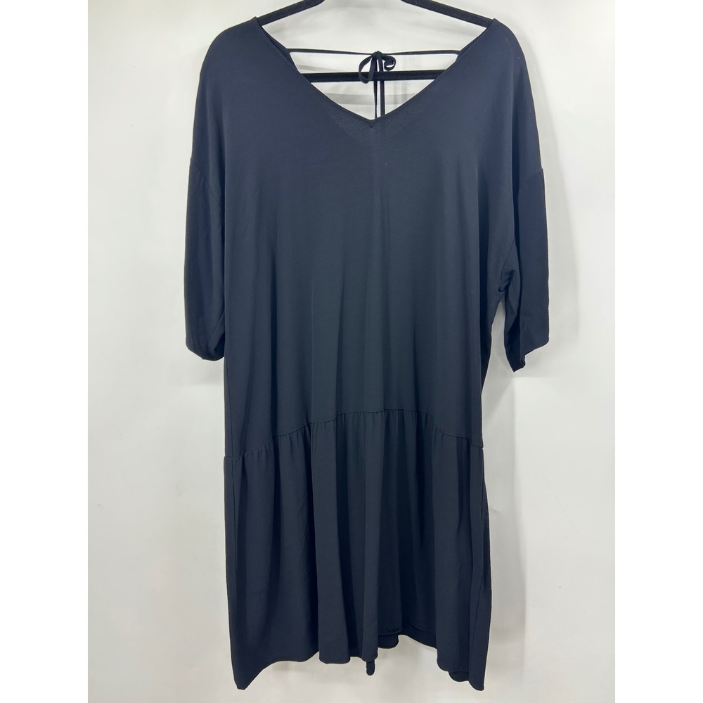Eileen Fisher Black Tencel Lyocell Drop Waist V-Neck Tie Back Dress Large